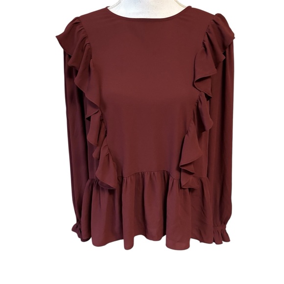 Ann Taylor Tops - Ann Taylor Burgundy Ruffle Long Sleeve Peplum Blouse Large Romantic Boho Cottage